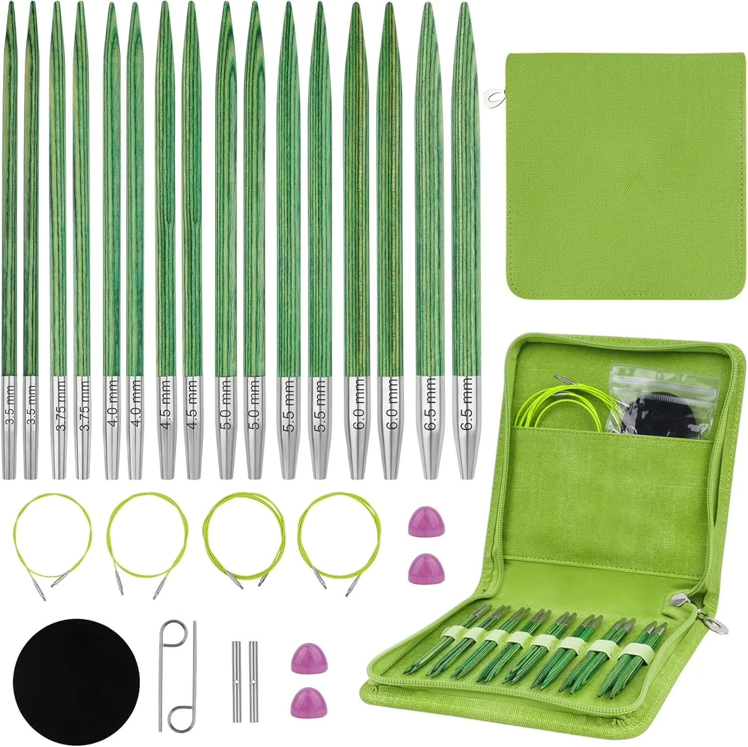 Interchangeable Circular Knitting Needles Set,8 Pairs Birch Wood Interchangeable Knitting Needles Set 3.5mm-6.5mm with Cables,Accessories and Case
