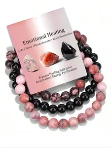 3 Pcs 8mm Crystal Stone Bracelet Set for Women, Stretch Extendable & Stackable Beaded Bracelets, Emotional Healing Gift with Blessing Card, Mix Bracelets, Natural Crystal Bracelet