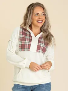Plaid Contrast Detail Knit Hoodie Knit Tops