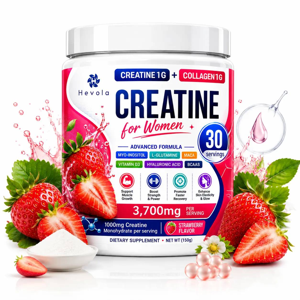 Women's Creatine + Collagen Supplement, 3700mg Beauty Formula with 1g Creatine & 1g Collagen Peptides, Supports Muscle Growth, Workout Recovery, Skin Elasticity & Flexibility, Daily Fitness and Beauty Support
