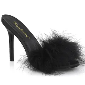 Women's 4-in Heel Stiletto Shoes, CLASSIQUE-01F Black Fur Mules, Stylish Heels for Women Footwear