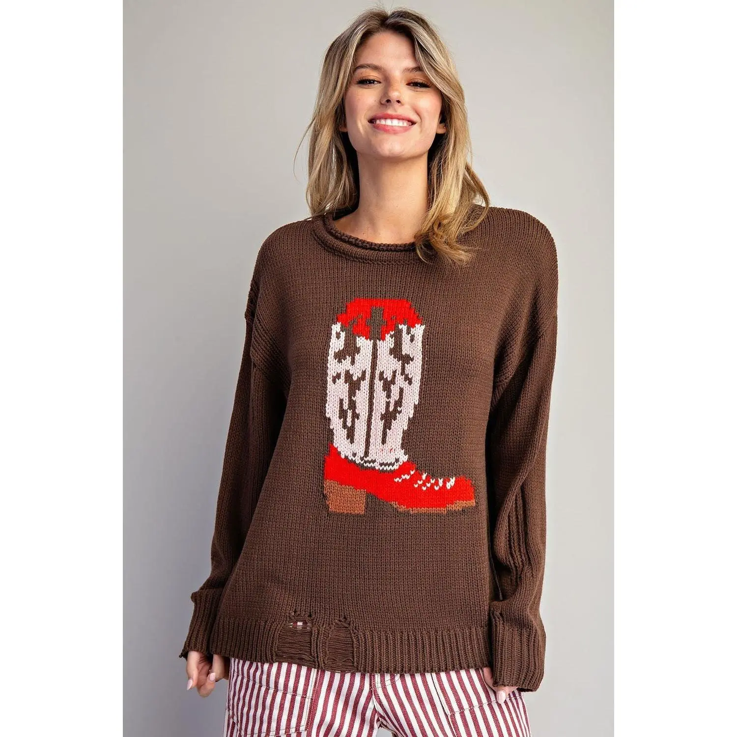 Style U "Boots" Western Intarsia Sweater — Chestnut Brown with Red Boot Graphic & Distressed Edges