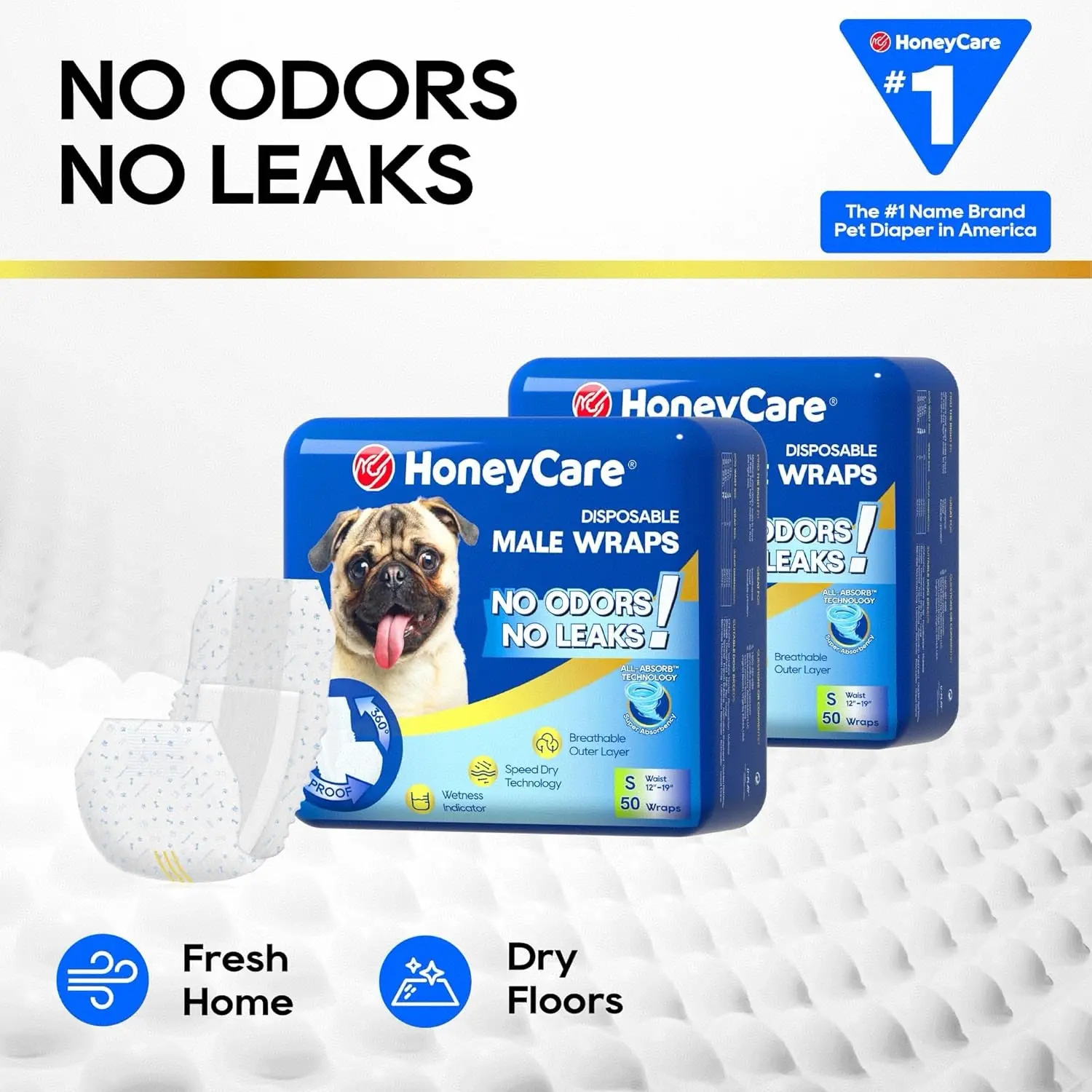 HoneyCare All-Absorb Disposable Male Dog Wrap Diapers - 50 Wraps, Stretchy Fabric, 12-18in Waist, 360-Degree Leak-Proof, Breathable, Fur-Safe Adjustable Fasteners, Summer Pet Supplies (No Leaks Guarantee)