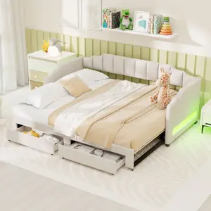 Twin XL Size Daybed with Storage Drawers and LED Light, Extendable Linen Upholstered Day Bed Frame with Channel Tufted Backrest,Twin XL to King Trundle Bed,No Box Spring Needed, Beige