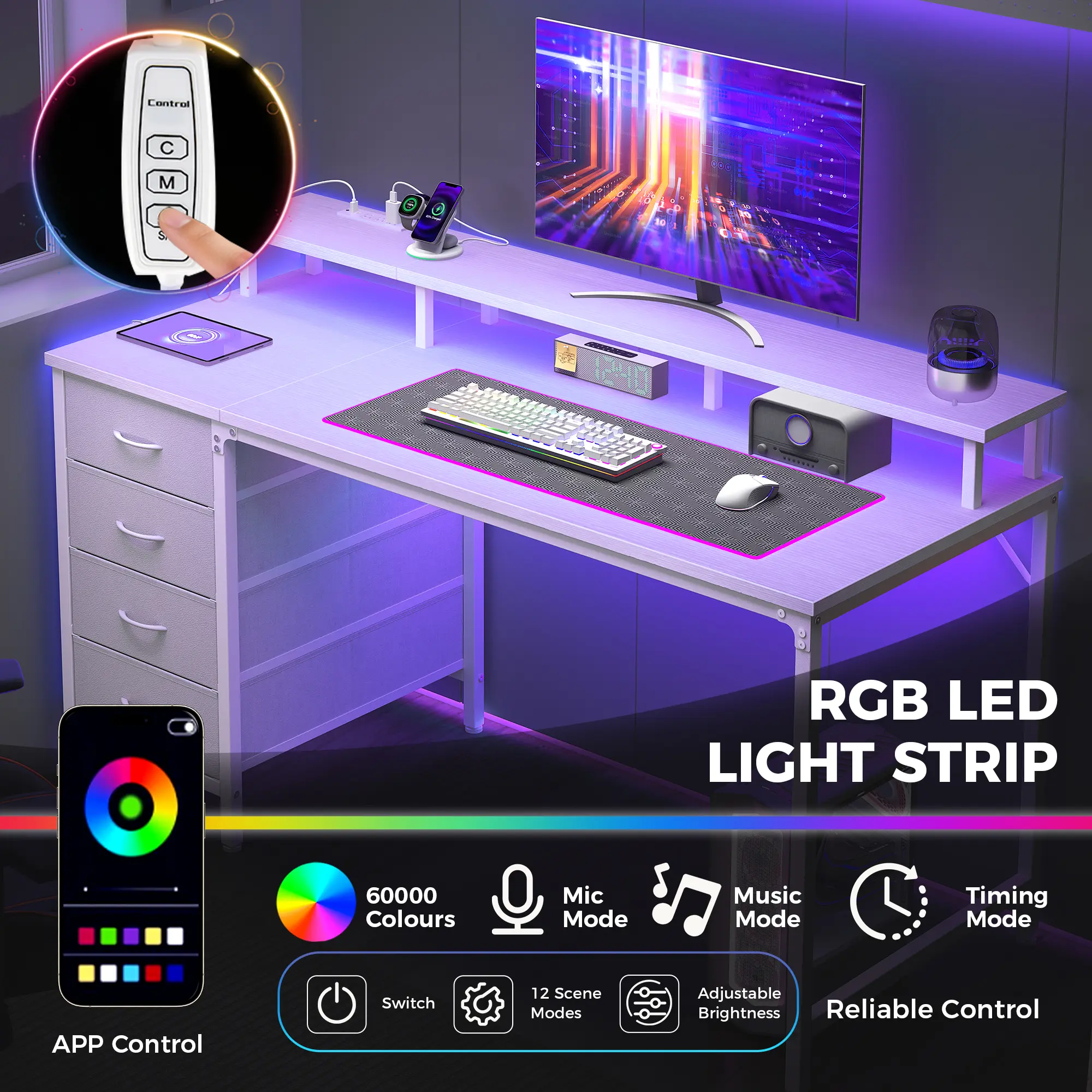 40In to 47In Gaming Computer Desk with 4 Storage Drawers Wood Office ...