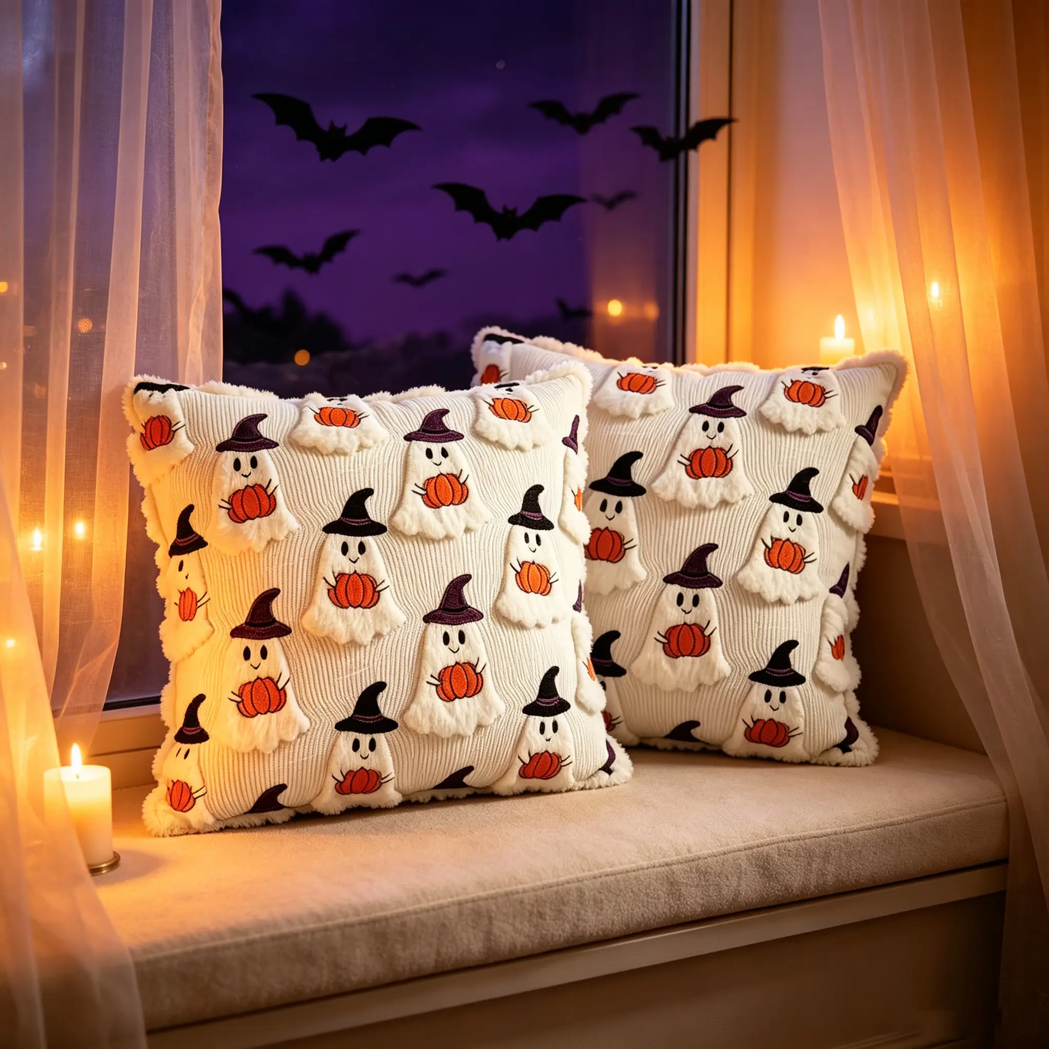 Halloween Fleece Embroidered Faux Wool Pillow Covers (18x18 in) - 2-Piece Set, Modern Farmhouse Aesthetic Room & House Decor for Patio Sofa Couch (DIY Specialty Decor Supply)
