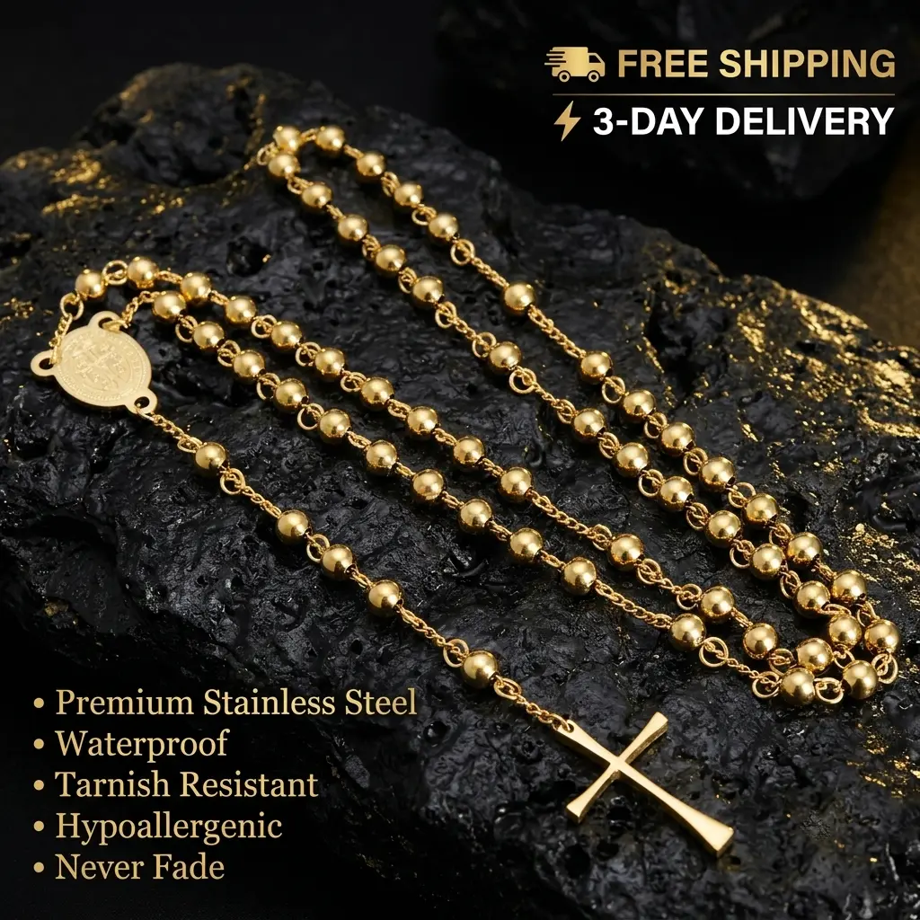 Premium Stainless Steel Rosary Cross Necklace | Golden Catholic Beaded Chain | Waterproof Cross Pendant | Unisex Jewelry Gift