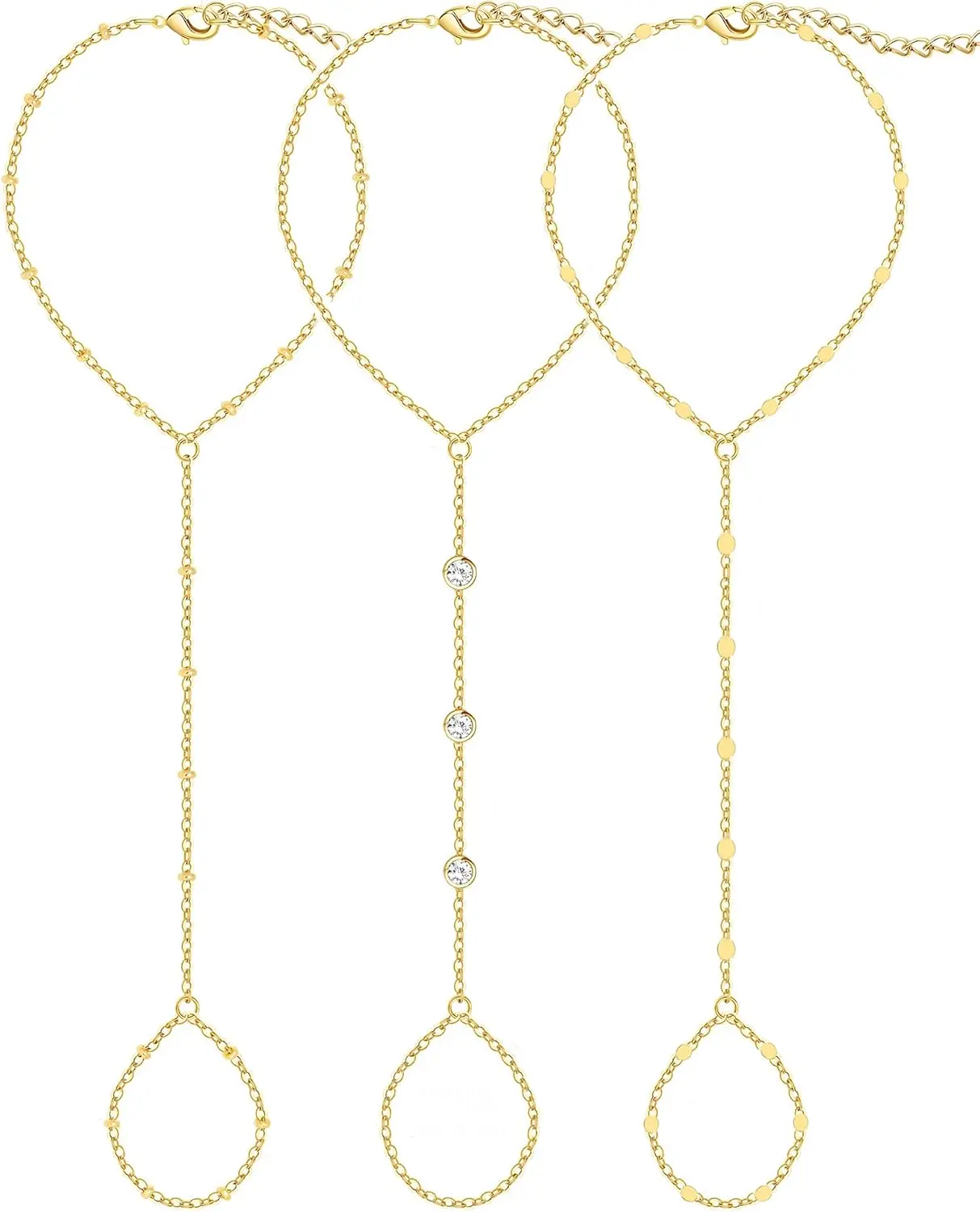 3PCS 14K Gold-Plated Hand Chain Bracelets for Women, Stack Bracelets Set Adjustable, Trendy Dainty Ring Bracelet Hand Chain