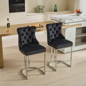 25" Counter Height Bar Stools Set of 2, Modern Velvet Barstools with Button Back&Rivet Trim Upholstered Kitchen Island Chairs with Sturdy Chromed Metal Base Legs Farmhouse Bar Stools, (2 Pack)