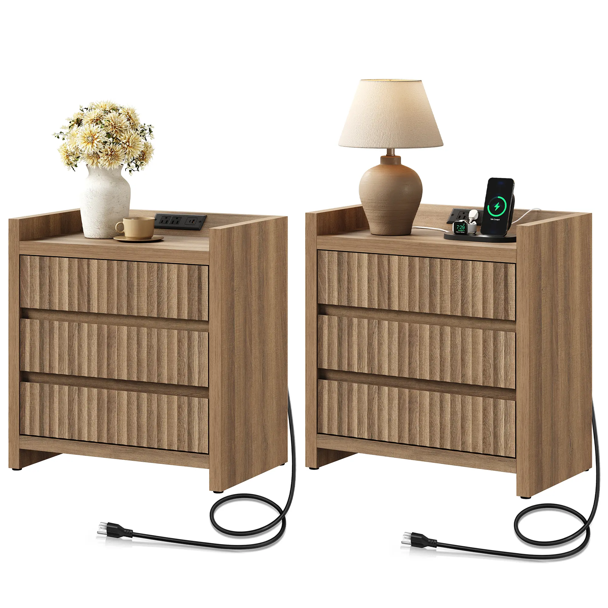 SICOTAS 2-Piece Night Stand Set with Charging Station, USB-C Port, 26" Tall Fluted 3-Drawer Mid-Century Modern Bedside Table for Bedroom, Sofa Side End Table