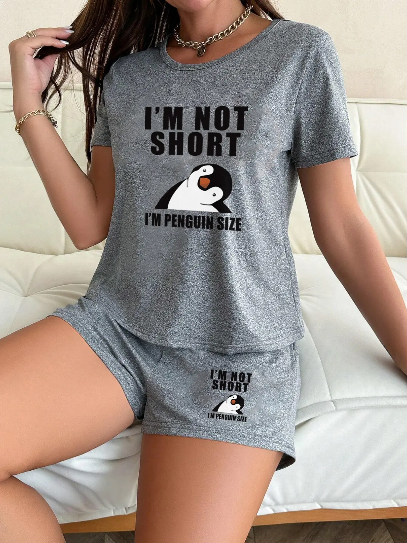 Women's Cartoon Penguin Print Pajama Set, Casual Loose-Fitting Sleepwear, Comfortable Nightgown for Women, Soft and Cozy, Homewear, Loungewear, Pjs, Pyjamas, Loose Fit Pajamas