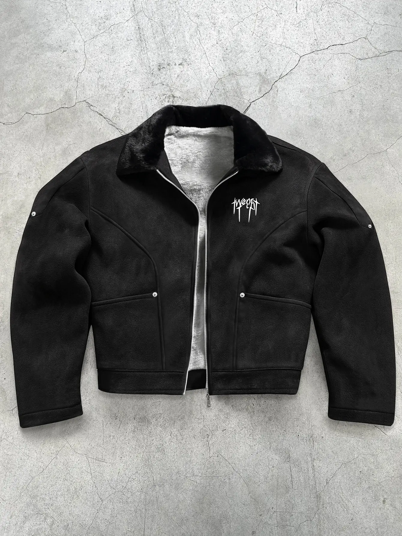 Men's Casual Suede Jacket, featuring a collar design with letter print, fleece lining suitable for riding, vintage workwear style, perfect for hanging out with friends at exhibitions or cafes, suitable for spring and autumn wear