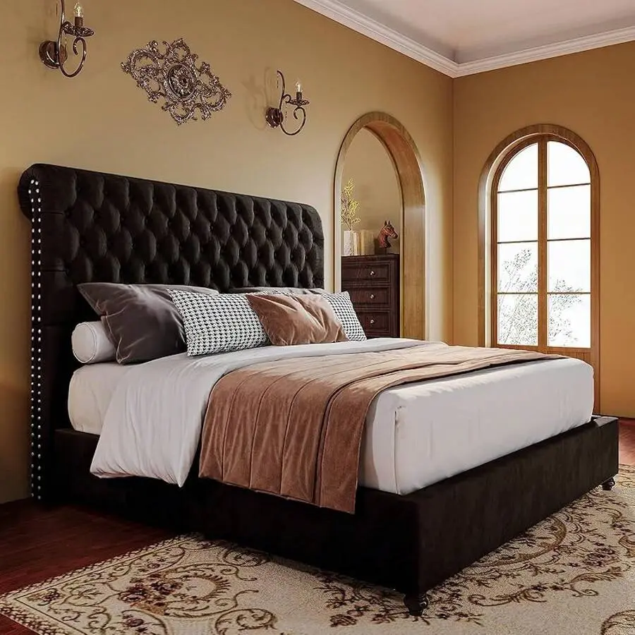 Upholstered Sleigh Headboard Platform Bed Frame - Queen/King Size, 52.8'' Tall, Button Tufted, Modern Style, No Box Spring Needed, Easy Assembly