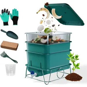 3-Tray 15L Worm Farm Composting Bin with Tool Set - Efficient Indoor/Outdoor Composter for Organic Waste Recycling, Beginner-Friendly Kit for Healthier Plants (Green)