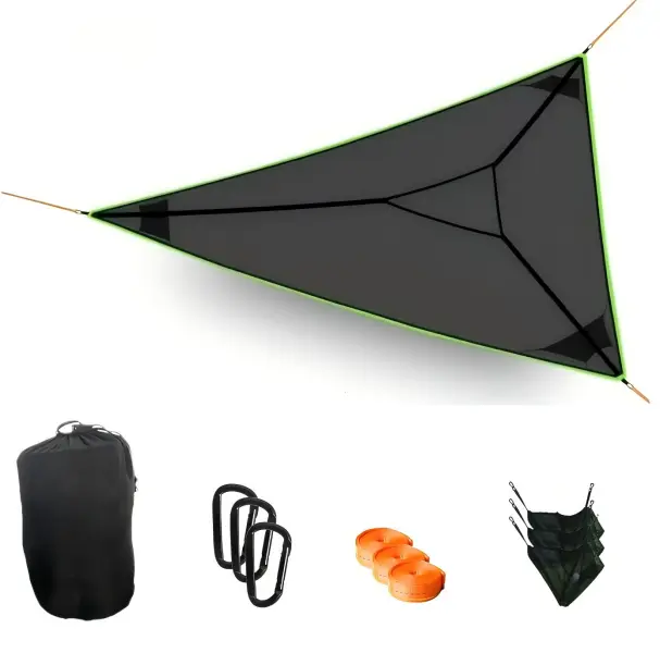 110in Triangle Camping Hammock, 3-Point Multi Person Portable Tree Hammock with 3 Adjustable Nylon Straps D-Shaped Carabiners Storage Bag Side Net Pockets, Heavy Duty Outdoor Hammock for Backyard Garden Travel Camping, Holds Multiple Adults Kids