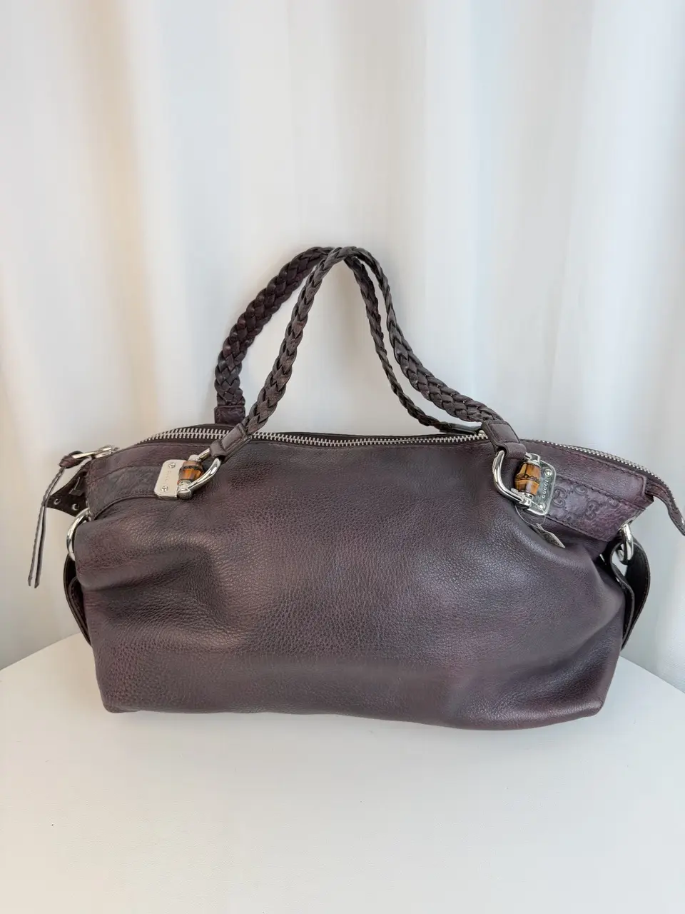Pre-owned GUCCI calfskin luggage Bamboo Bar Large Leather Braided Handle Satchel Bag