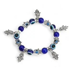 8mm Evil Eye Hamsa Hand Protection Bracelet - Blue Beads & Silver Charms