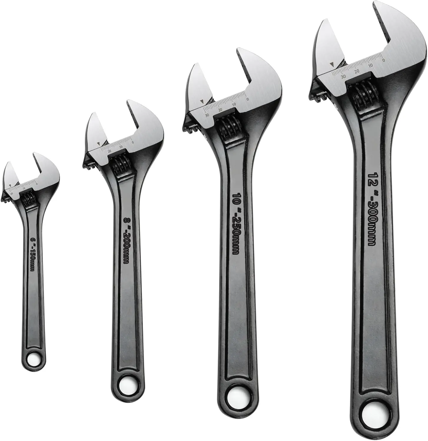 4 Pcs CR-V Wrench Set, 6, 8, 10, 12 Inch Wrenches, Chrome Vanadium, Wide Jaw Black Oxide Wrench