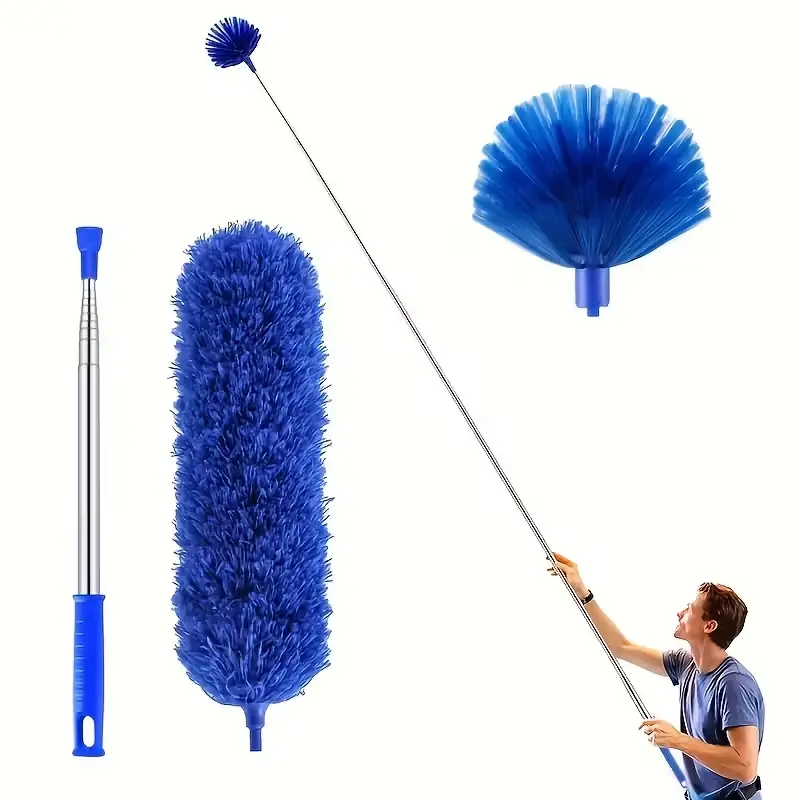 Extendable Cobweb Microfiber Duster, Cobweb Duster with Extension Pole, with Lightweight Aluminum Pole & Stainless Steel Handle - Heavy-Duty Telescopic Window/ Ceiling/High- Cleaning, Medium-Stiff Bristles for Commercial Use, Suitable for Interior