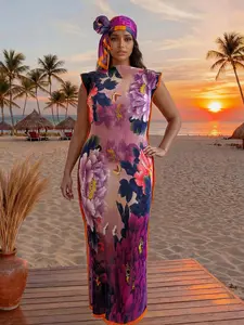 Women's Elegant Floral Long Sleeveless Dress Set, Slim-Fitting Moo Moo Robe & Scarf, Beach Sun Protection Shawl, All Seasons Fashion, Print, Matching