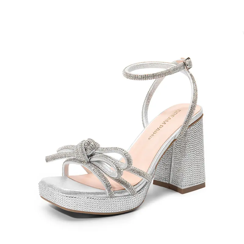Women's Double Bowknots Platform Chunky Heels Rhinestone High Square Toe Dress Sandals for Wedding Bridal Party Walking Shoes  Girl Summer Flatform Comfort Pu Footwear