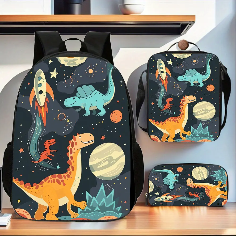 Space Dinosaur 3PCS Backpack Set, Durable 600D Oxford Cloth School Bag, Adjustable Breathable Strap, for Kids Teens School Travel Outdoor