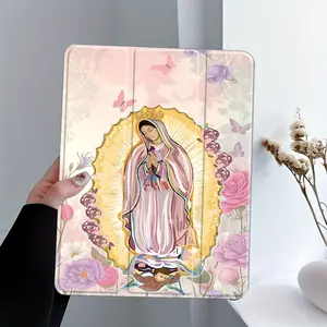 Cool Virgin Mary Faith Pattern Four-Corner Shockproof Foldable Tablet Case with Pen Slot,Suitable for iPad Mini, Air, Pro 4,5,6,7(2017,2018,2019,2020,2021,2022,2023,2024,2025 models),and Samsung S6,7,8,9,10FE + A7 LTE tablet cases