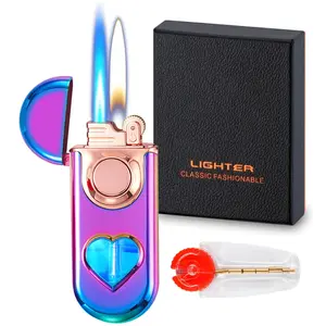 Torch Lighter Dual Flame Butane Lighter Refillable Windproof Adjustable Jet Flame and Soft Flame with Heart-Shaped Transparent Gas Window for Men Women (Without Butane)