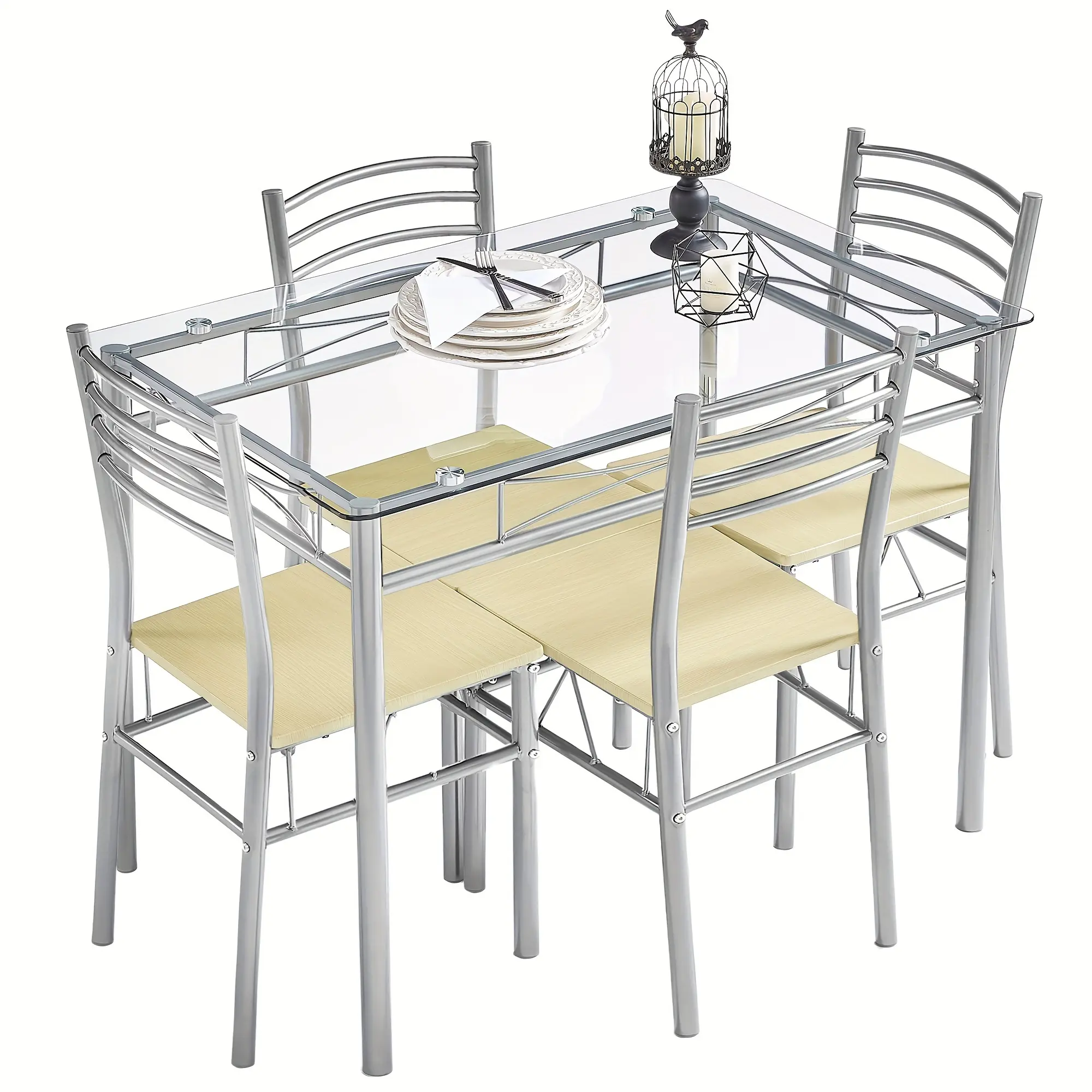 Modern 5-Piece Glass Top Dinette Set - 43.3" Space-Saving Apartment Furniture, Kitchen & Dining Room Table with 4 Silver Chairs
