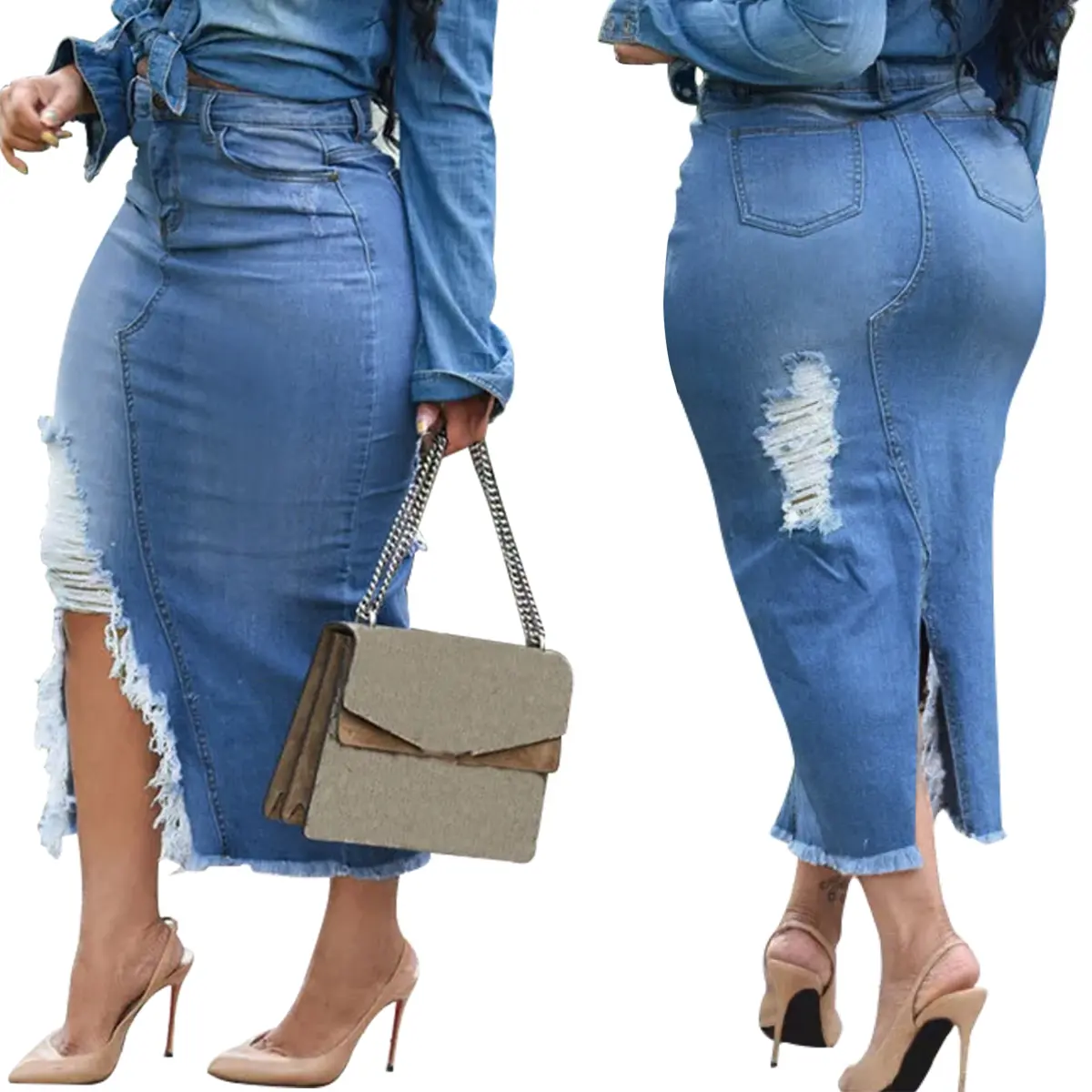 OYS Women's Casual Slit Denim Midi Jean Skirt Stretch High Waist Frayed Button Up with Pockets