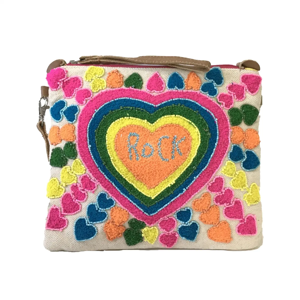 Alex Max Women's High-Capacity Rock-Themed Beaded Front Wristlet Clutch - Crossbody Pouch with Straps, Heart Patch, No Extra Bulk, Natural/Multi for Concert Lovers, Beads
