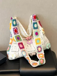 Fresh and stylish personalized handmade crochet tote bag, Handcrafted bag, a versatile and casual large capacity shoulder bag with rainbow petals and hollow design, wide shoulder straps, suitable for traveling, shopping, and socializing
