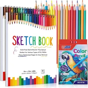 2 Pack Sketch Book with 36 Color Pencil Set, Spiral Kids Sketchbook for Drawing (68lb/100gsm), Acid-Free Sketch Pad for Kids Artist, Art Paper Drawing Supplies for Gifts (9×12 inch)
