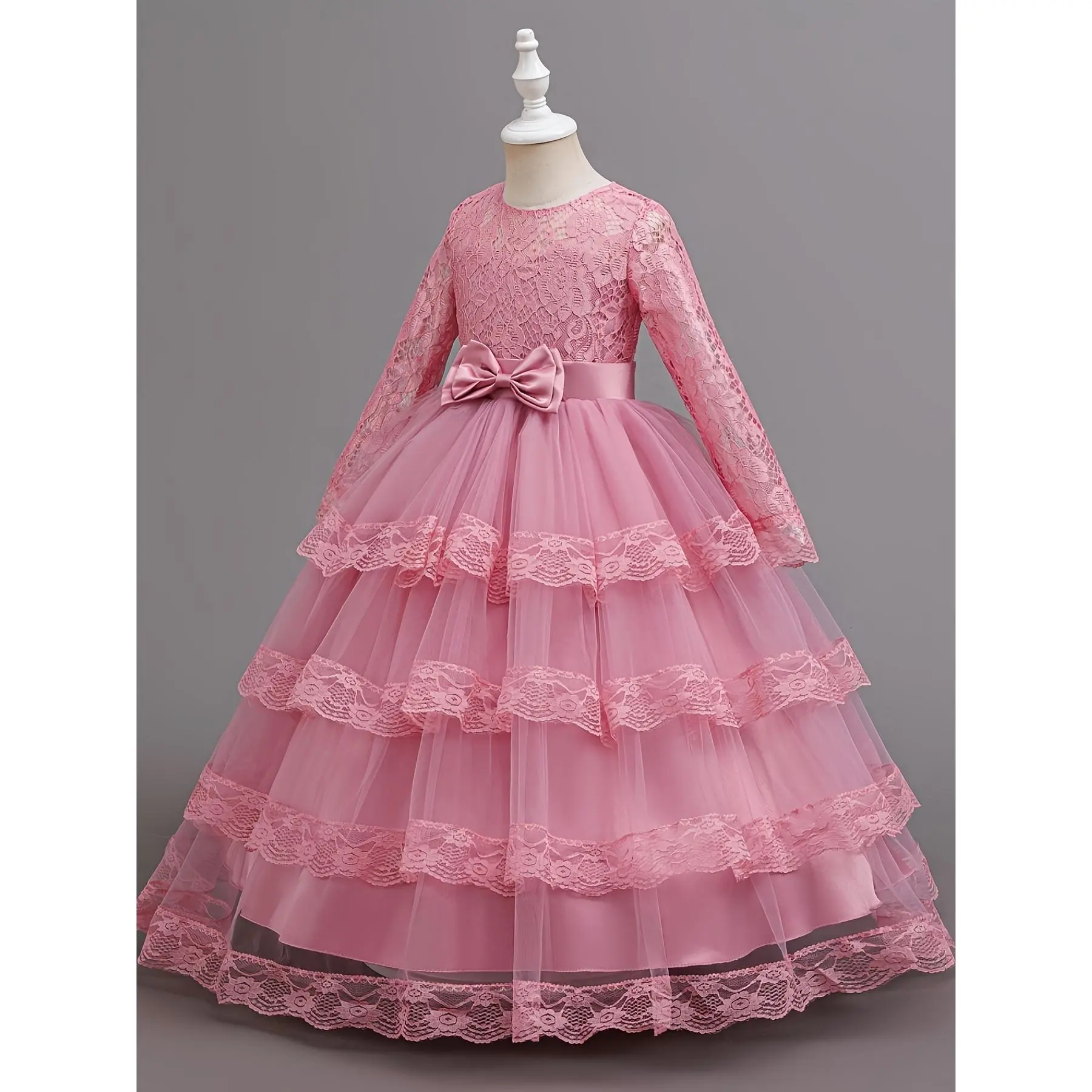Girls Lace Long Sleeve Flower Girl Dress, Kids Tiered Tulle Formal Gown with Pink Bow White Lace Wedding Party Dress, Little Girls Elegant Tiered Tulle Gown for First Communion
