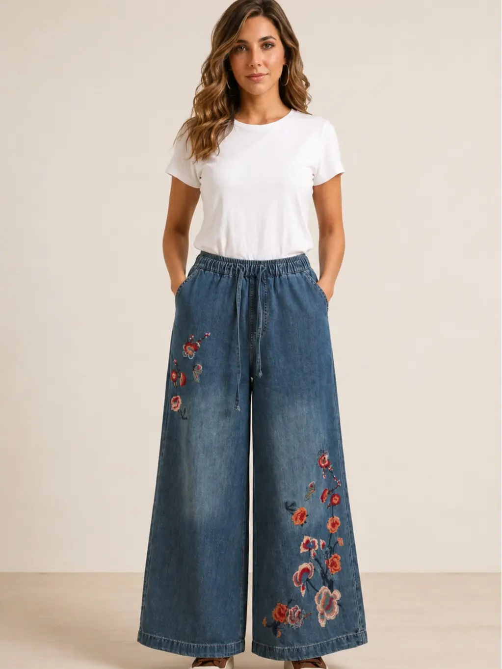 Women's Embroidered Wide Leg Denim Jeans – Floral Elastic Waist Drawstring Casual Pants Wideleg Bottom Adjustable Embroidery Everyday