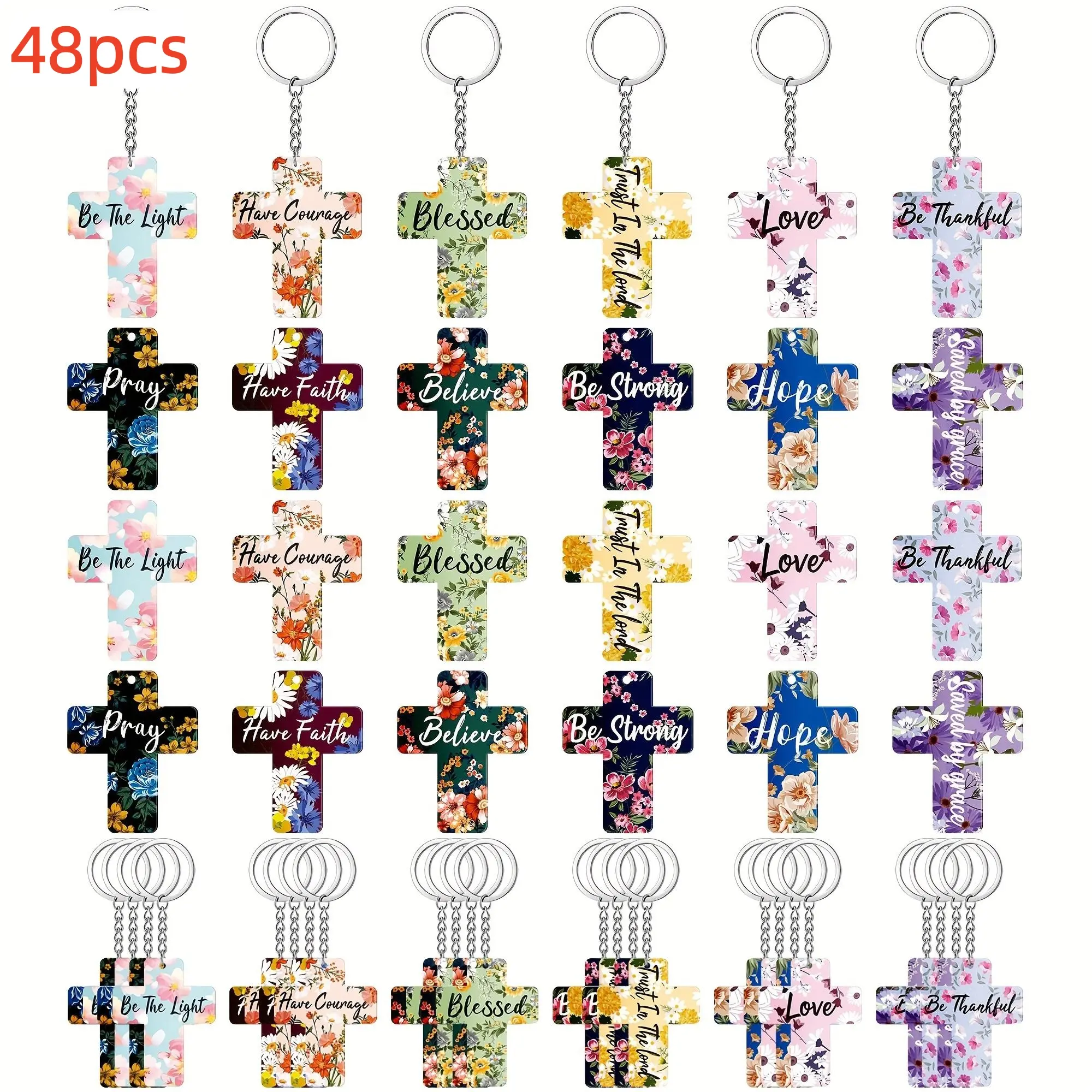 [2D Flat] 48pcs Christian Keychain Gifts Bible Verse Inspirational Keychain Bulk Acrylic Religious Cross Key Rings Floral Scripture Gifts for Women Men, Spiritual Gifts, Faith Accessories, Scripture Charm, Faithinspired Design, Durable Keyring
