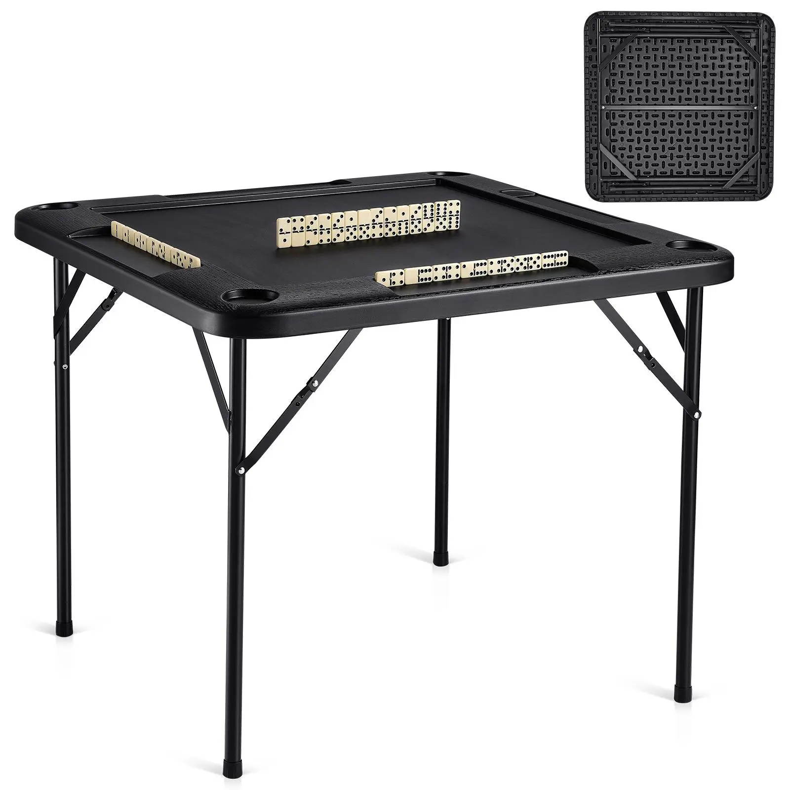 【SummerFinds】VEVOR Mahjong Table, Square 4 Player Folding Card Table with 4 Cup Holders & 4 Chip Trays, Portable Domino Game Table with 1 Set of Dominoes for Mahjong Poke Puzzles, 35.4 x 35.4-inch, Black