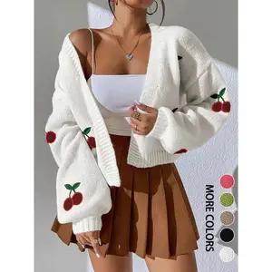Women’s cherry-embroidered sweater cardigan, spring and autumn casual long-sleeve cardigan, fashionable women’s everyday knitwear, women’s knitted cardigan GARMENTARY