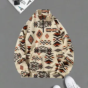 Men's khaki colored ethnic print half zip fleece jacket with a retro casual style, featuring a semi high collar and half zip design for added versatility. The fleece fabric is soft and skin friendly, with a full print of unique ethnic patterns that exude