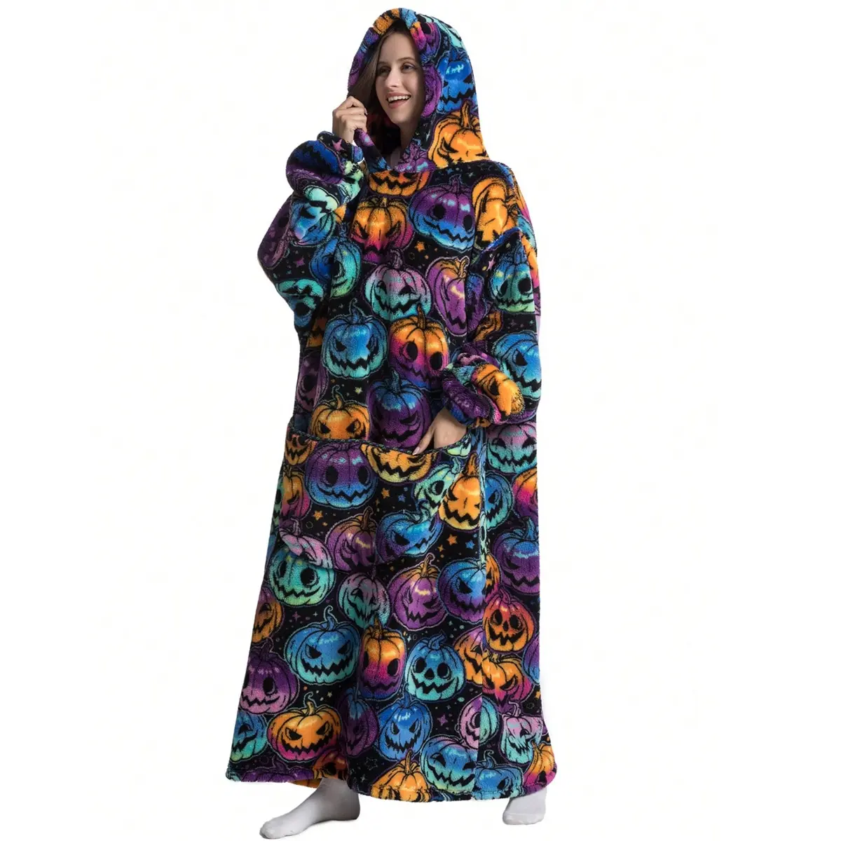 Extra Long Oversized Flannel Cozy Blanket Hoodie, Cozy Hooded Blanket, Soft Wearable Giant Sweatshirt with Sleeve Pockets, Casual Unisex Winter Clothing, Halloween