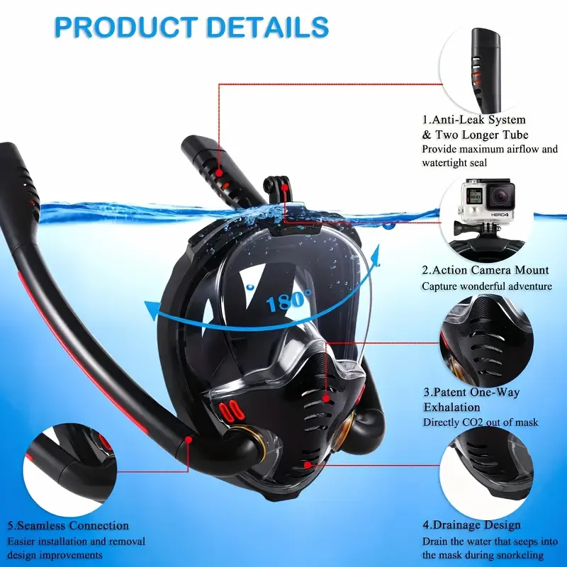 Seaview 180° Full Face Snorkel Mask - Wide-Angle Panoramic Vision, Advanced Anti-Fog & Leak-Proof Technology, Comfortable Double Tube