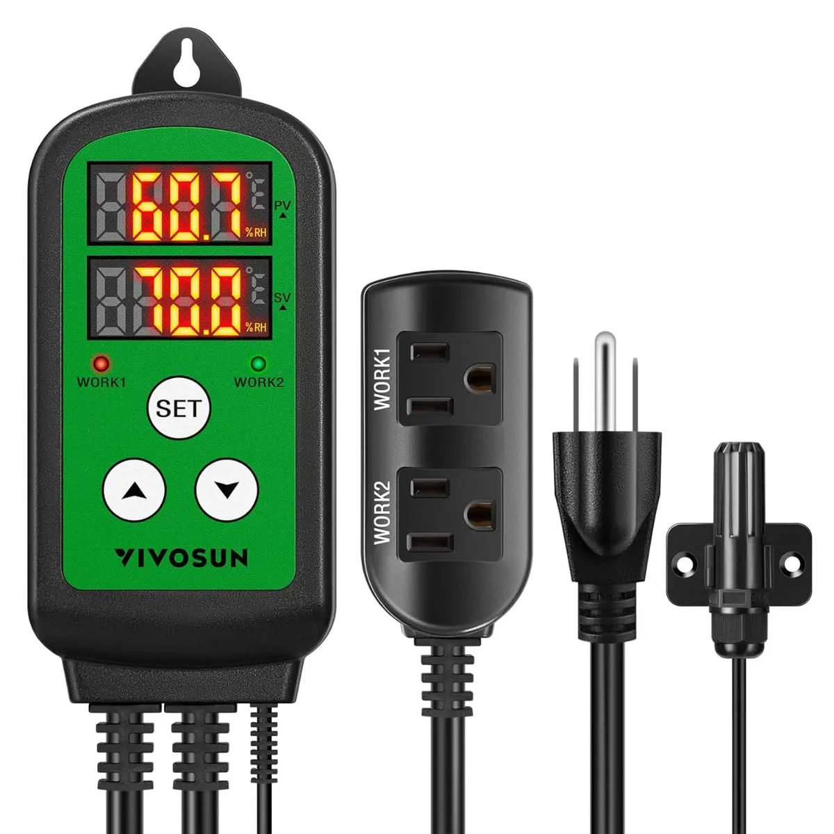 Humidity Controller, 1200W Dual-Stage Outlet, Pre-Wired Digital Humidistat With Dual LED Displays For Humidifier/Dehumidifier/Fan, For Greenhouse, Grow Tent, Home-Brewing, Mushroom