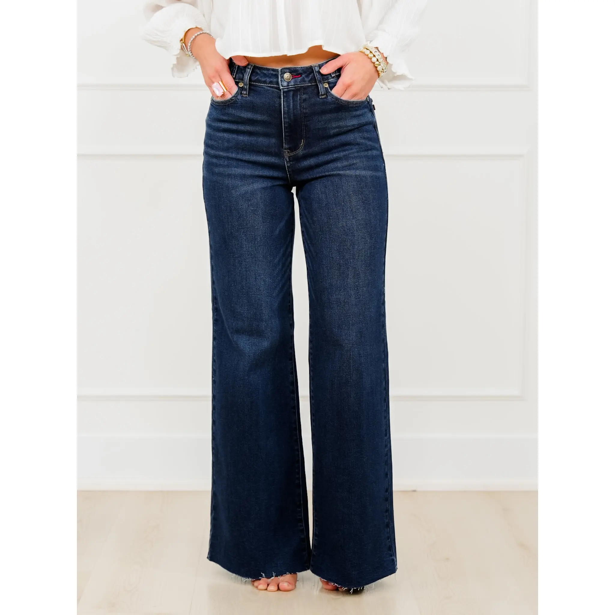 Judy Blue The Levi High Rise Dark Wash Petite/Reg Retro Wide Leg Jeans with Adjustable Waistband Tabs