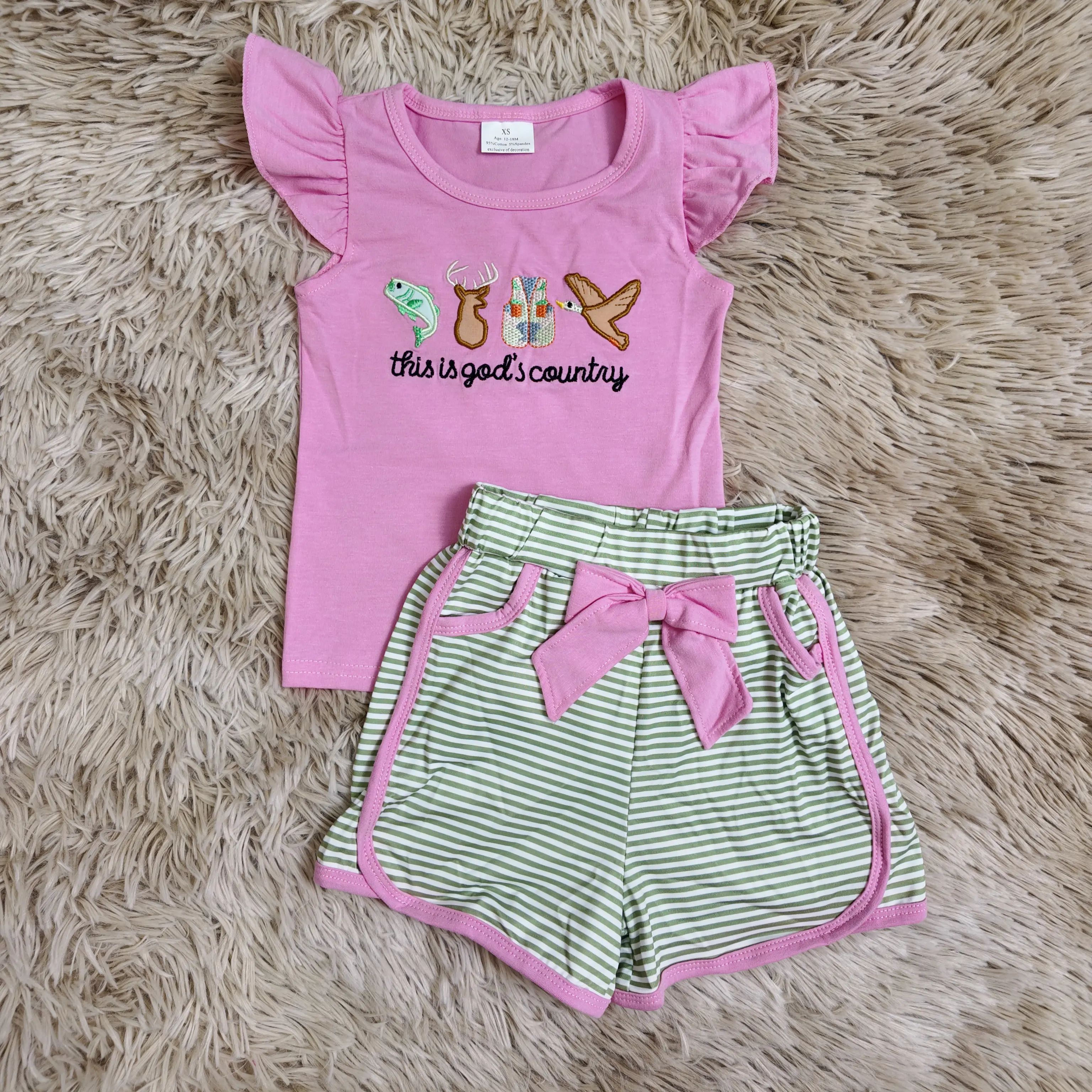 Girls' 2-Piece Striped Sets, Boutique Fishing Outfit with Deer & Duck Embroidery Crew Neck Top and Shorts, Fashion Clothes Sets, Sleeveless Shirt