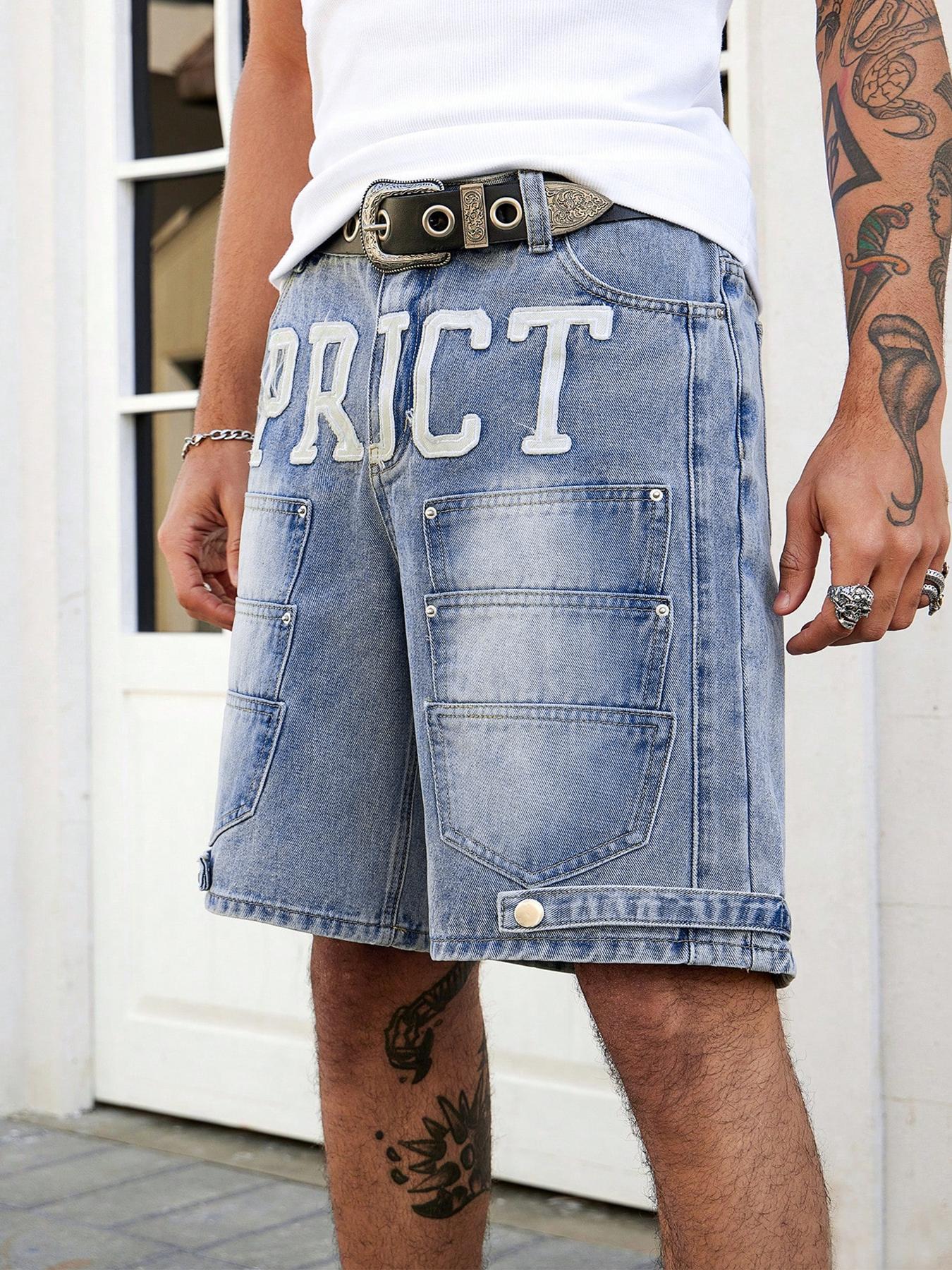 Multi-pocket denim shorts, denim cargo shorts, jeans—Y2K American street style embroidered vintage shorts for both men and women, casual letter embroidery design, perfect for summer fashion everyday wear, versatile casual style.