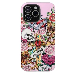 [Magnetic Design] Pink Ed Hardy Skull Leopard Tattoo iPhone Case, Y2K Retro Tiger Ed Hardy Collage Phone Case
