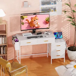 51 Inch Computer Desk with File Drawers & USB Power Outlets - Reversible Home Office Desk with Storage Shelves, Work from Home, Modern Work/Writing/Study Table for Bedroom, White