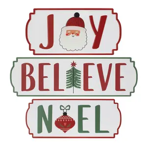 360 Stand Melrose 94971DS Metal Christmas Plaques Set of 3 - White, Red & Green Iron Signs with 12.5x6 in., 15x6 in., 20x6 in. Sizes, Joy/Noel/Believe Designs, Home Decor, Room Decor, Holiday Gift