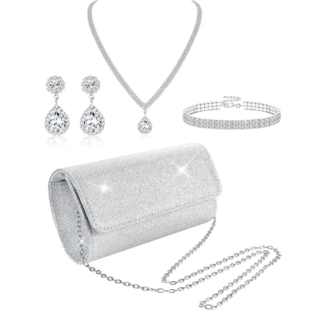 4Pcs Silver Clutch Purse Jewelry Set for Women Evening Rhinestone Purse Crystal Necklace Earrings Bracelets Set Silver Accessories for Women Bride Wedding Jewelry Lightweight