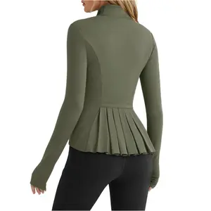 2026 Summer Spring Women's Zippered Sports Jacket, Pleated Lightweight Slim Fit  Stand Collar with Thumbhole Pockets, Workout Running Clothes